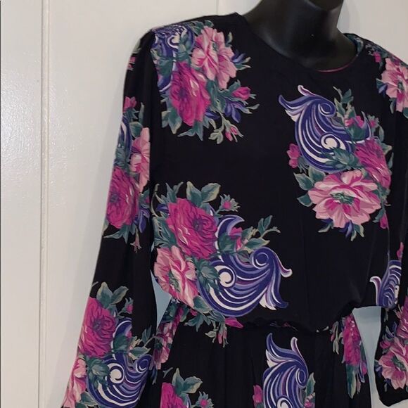 Vtg 90s E.D. Michaels black floral rayon dress - Picture 4 of 8